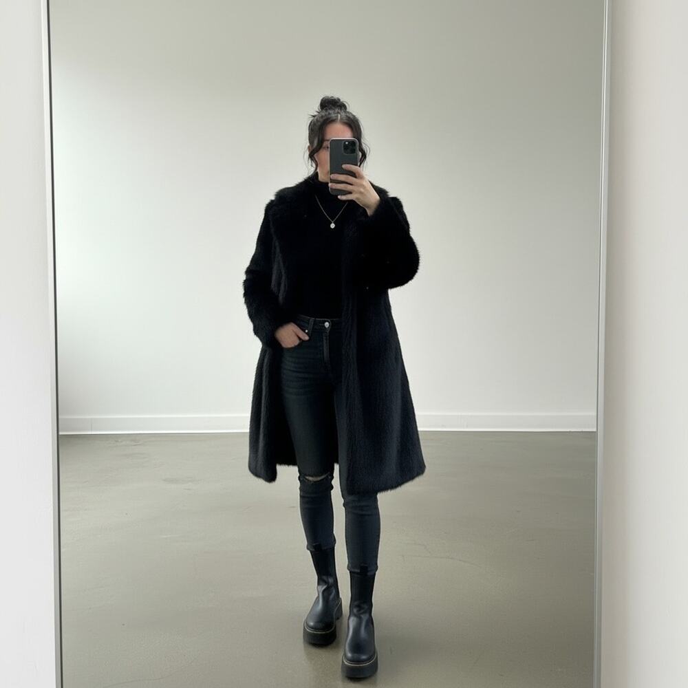 Mob Wife Style Black Faux Fur Long Collared Overcoat with Button Closure